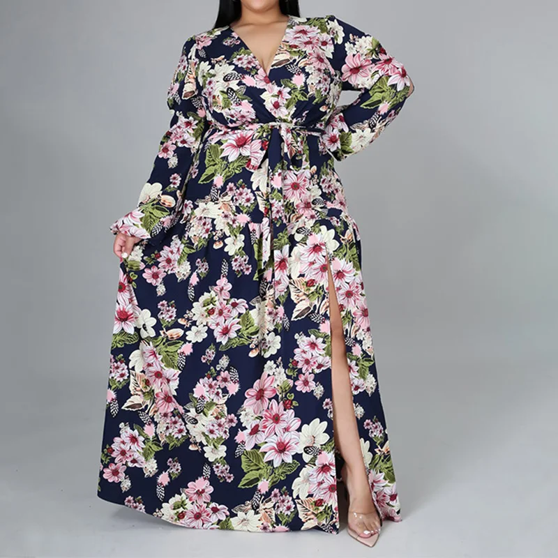 Casual Floral Printing High Waist Open Stitch Spring Autumn Clothes Plus Size Sexy Deep V-Neck Bandage Slit Maxi Dresses Womens