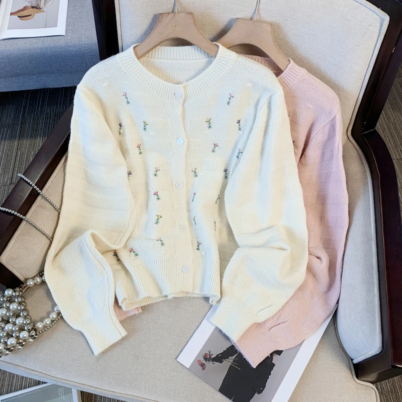 [ZOCI] 2024 милый стиль вязаный кардиган с цветочной вышивкой пальто женский осенний