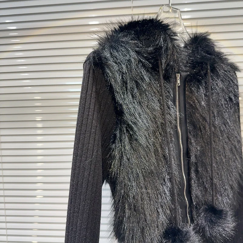 DEAT женские свитера черного цвета с капюшоном в стиле пэчворк плюшевый вязаный