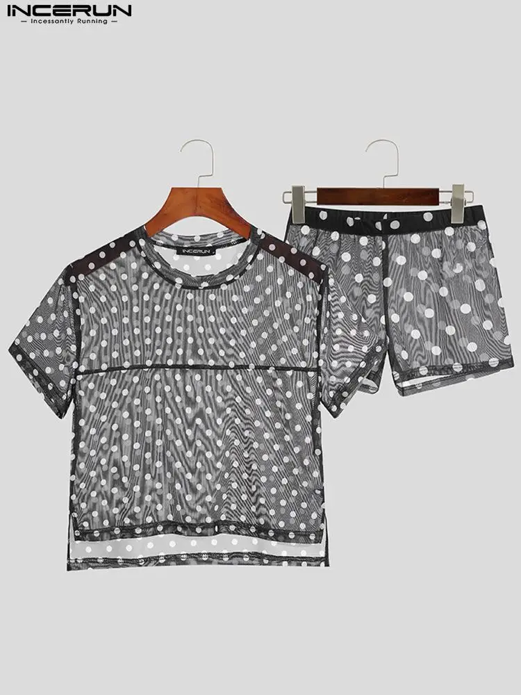Sexy Casual New Men's See Through Pajama Sets Short Sleeve Polka Dot Shirts Shorts Male Comfortable Homewear S-5XL INCERUN 2022