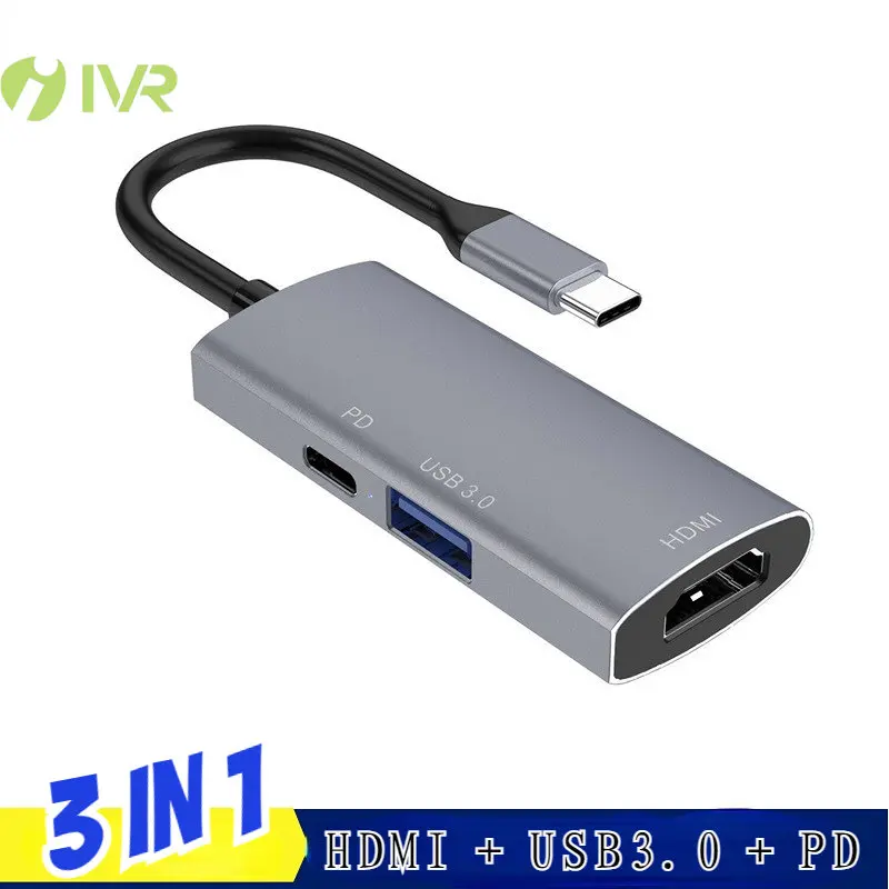 

IVR USB C Hub Docking Station 3-in-1 HDMI 4k HD PD Fast Charging USB 3.0 Interface Type C To HDMI and PD and USB3.0 C03-1