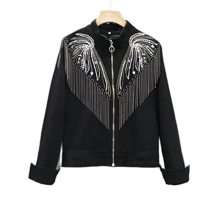 

Black Denim Jacket Glitters The Spring And Autumn 2023 Outerwear Handsome Personality Fringed Sequins Slim Short Women Coat