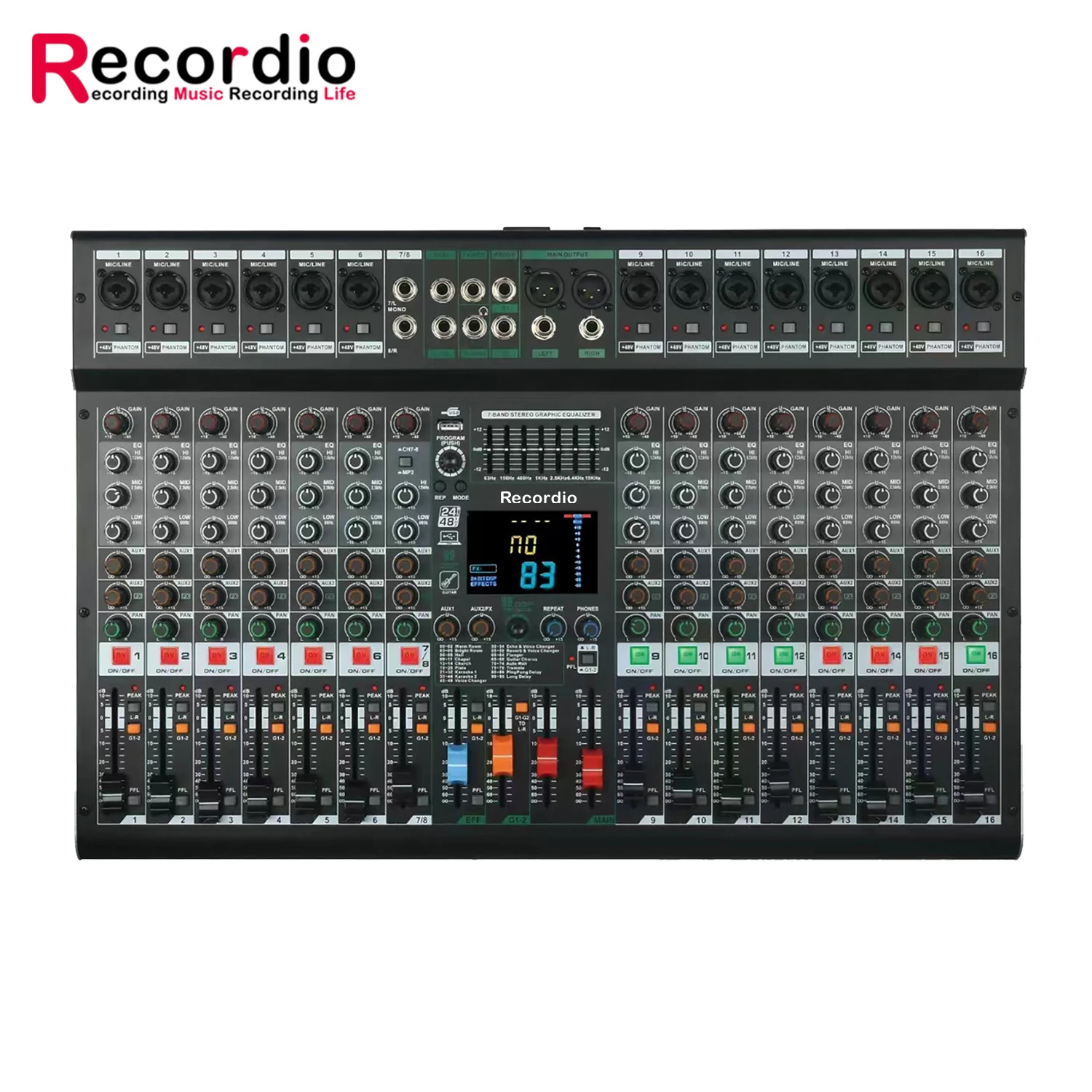 

GAX-GS16 профессиональный 16-канальный 99DSP миксер, 7-полосный стереоэквалайзер, 48 В, Миксер Для аудиопроекта с MP3, USB-записью, дисплей