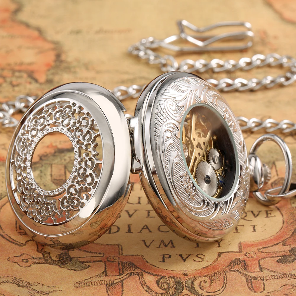 Hollow Half Hunter Silver Mechanical Pocket Watch Arabic Numerals Display Vintage Luxury Hand Winding Pocket Timepiece