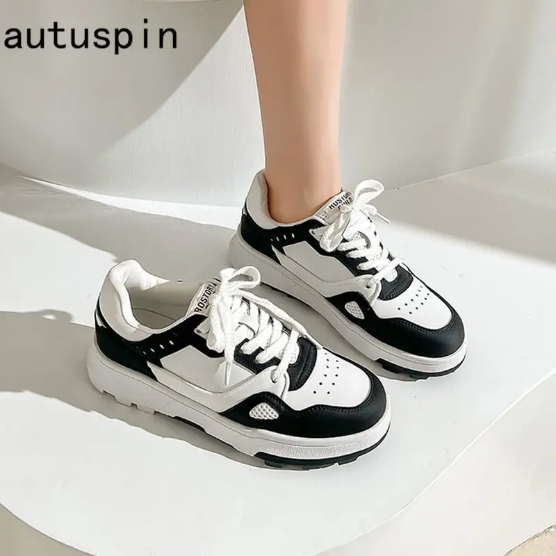 

Autuspin Mixed Colors Flats Platform Women Shoes Fashion Genuine Leather Lace Up Thick Soled Running Sneakers Casual Sport Shoes