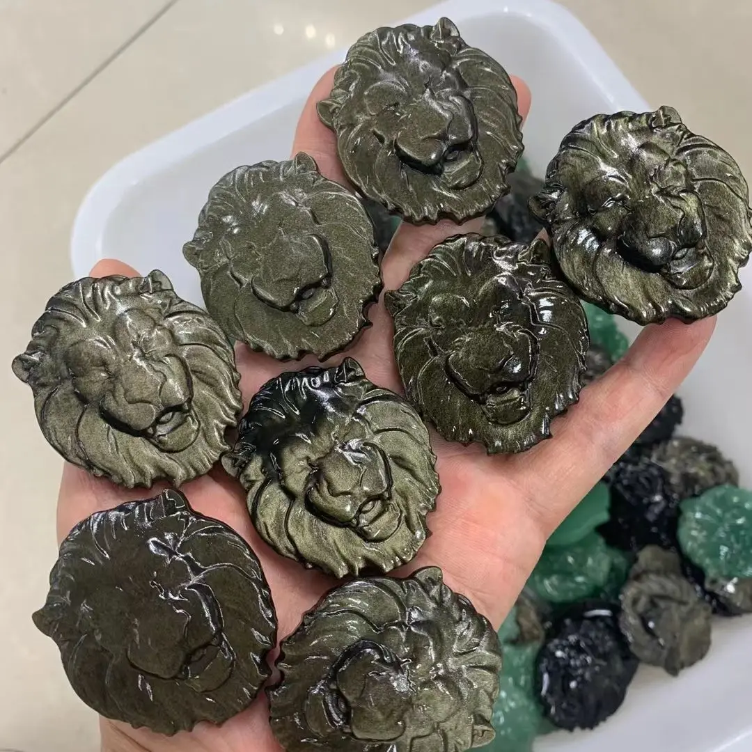 

10pcs 50mm Natural Crystal Golden Obsidian Animal Lion Head Hand Carved Crystal Polished Quartz Home Decoration Gem Gift Pendant