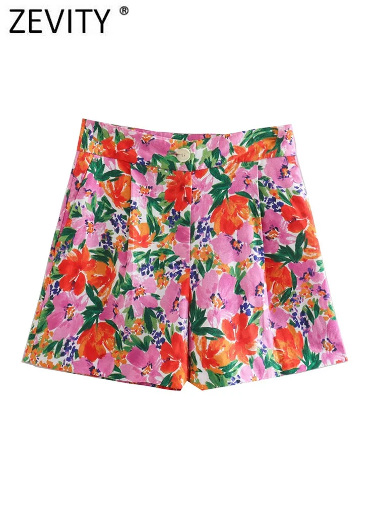 

ZEVITY Women Fashion High Waist Floral Print Bermuda Shorts Lady Zipper Fly Casual Slim Hot Shorts Chic Pantalone Cortos P1927
