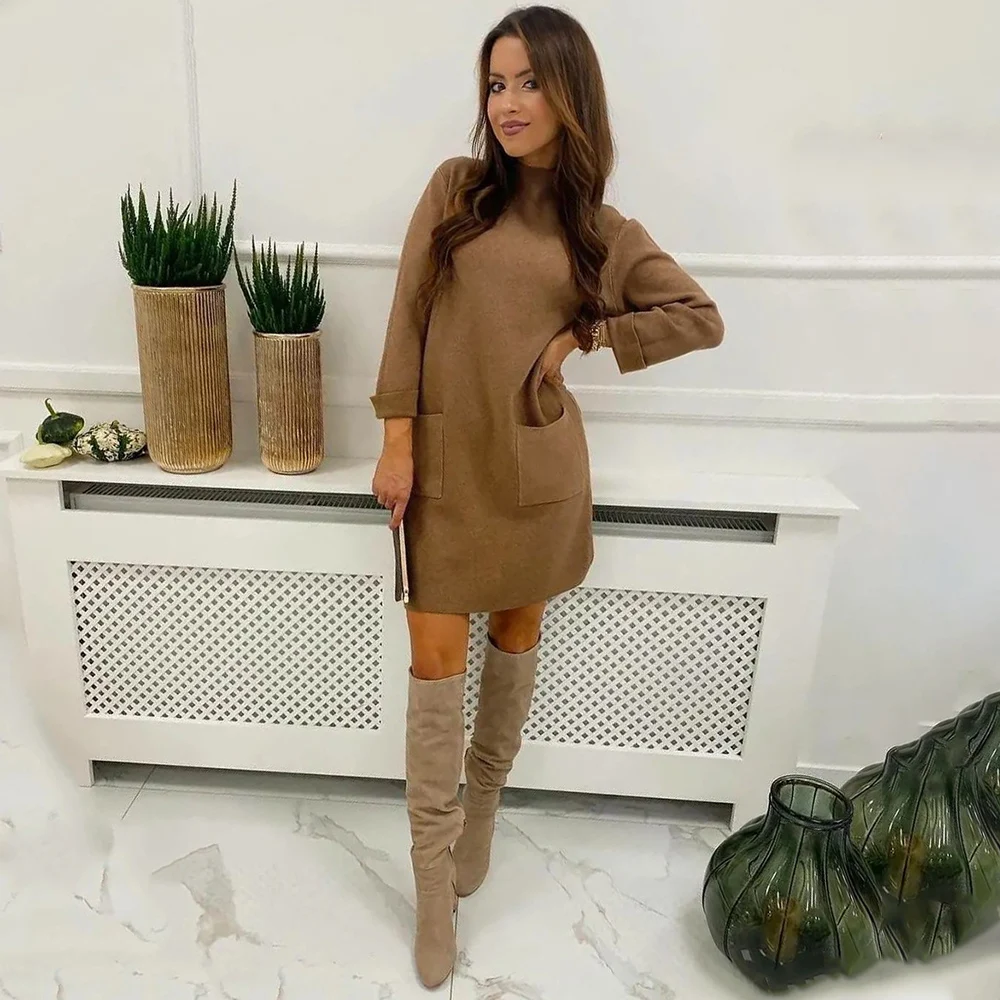 

Осенне-зимнее однотонное женское мини-платье с круглым вырезом и длинным рукавом, новинка 2023, модные теплые флисовые свободные женские повседневные платья с карманами, платья