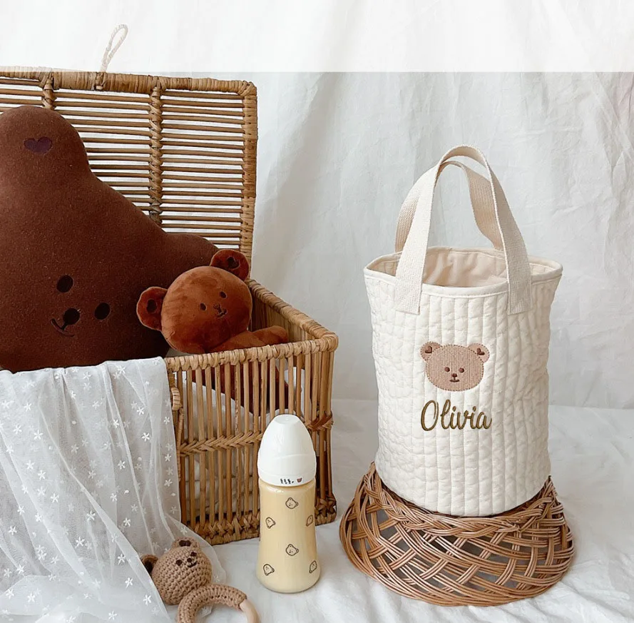 Personalized Quilted Cotton Baby Storage Basket Bag Cute Embroidery Diaper Bag Fashion Cart Storage Cotton Mommy Bag Casual Bag
