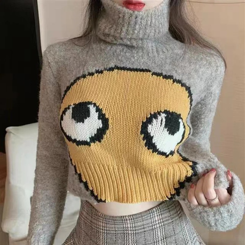 

2023 Winter Turtleneck Knitted Sweater Women Cartoon Print Top Long Sleeve Pullovers Slim Casual Tops Women Clothing XC024
