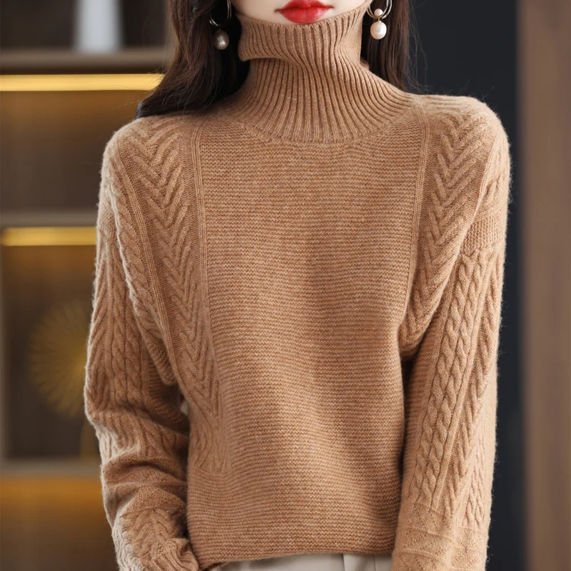 High Neck Off Shoulder Loose Thickened Pure Sweater Long Sleeve Twisted Bottom Sweater Autumn/Winter 2022 New Women's Knitwear