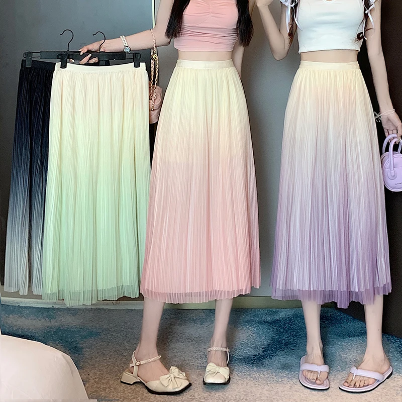 

Gradient Color Women's Long Skirt Summer 2023 Fairy Drape Chiffon Skirt Female Y2k Fashion Beach Holiday Tulle Faldas Mujer 2023
