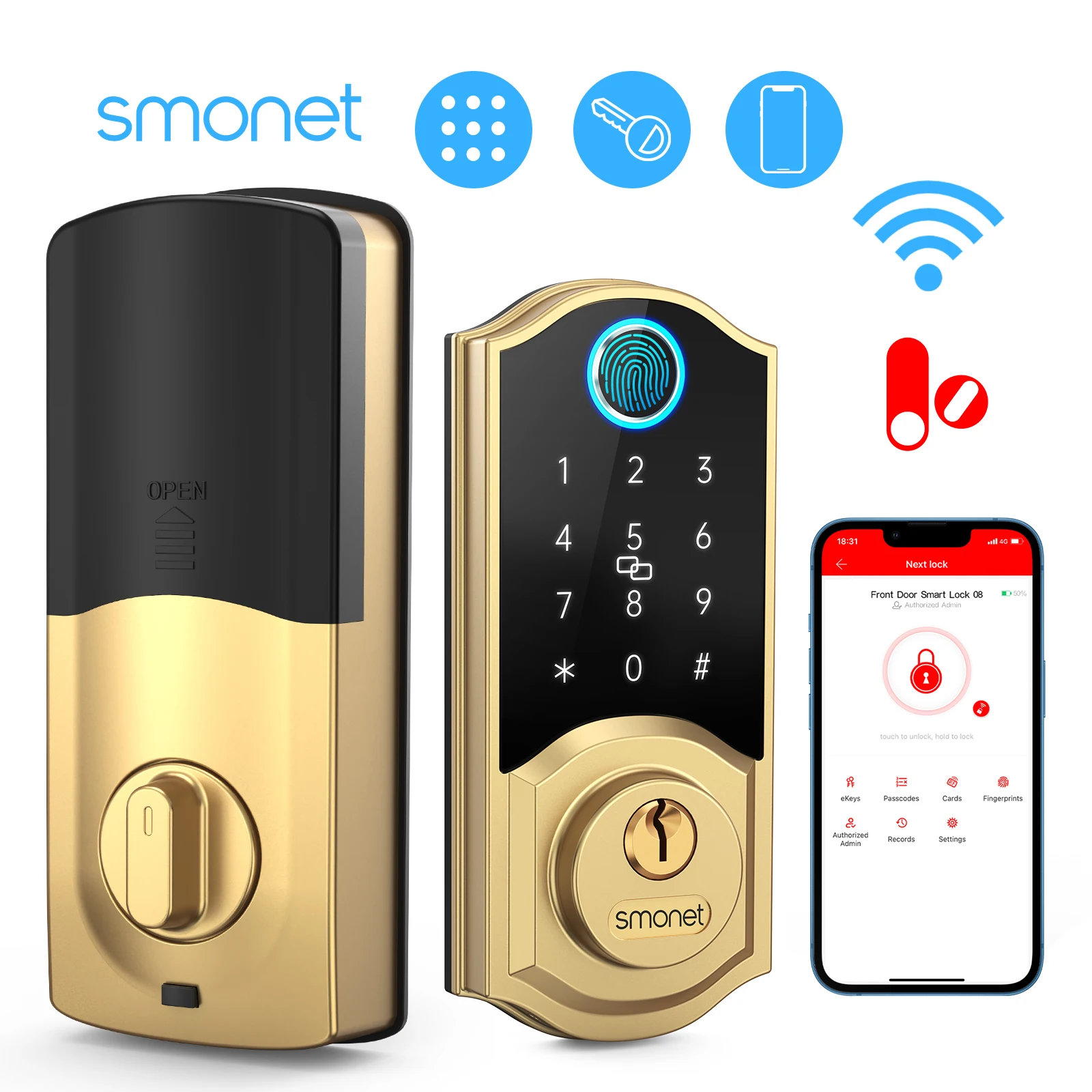 

SMONET Fingerprint Door Smart Lock Keyless Entry Electronic Lock Deadbolt with Keypad/ Bluetooth /IC Fob USB Charge for Home