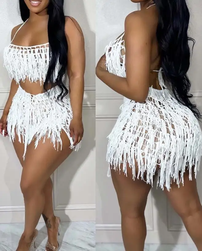 

2023 Summer New Casual Women's Two Piece Set Fashion Sexy High Street Spaghetti Strap Crop Crochet Top&tassel Design Shorts Set