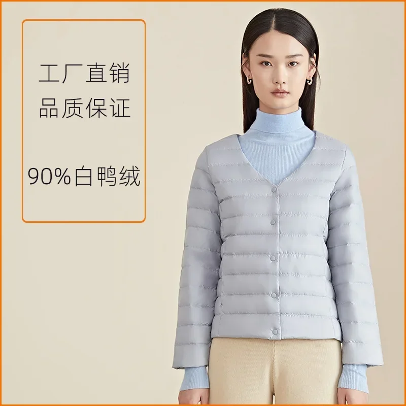 

Autumn Light Long sleeved Thin Collarless V-Neck Lightweight Down Coat for Women New Short Style Factory Direct Sales