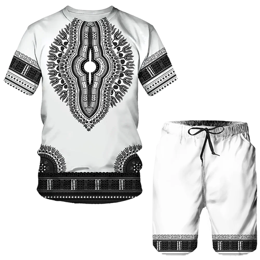 Indian Style Pattern Printing Summer Men's T Shirt Loose O-neck Short SleeveTop Casual Comfortable Short 2 Piece Outfit Clothing