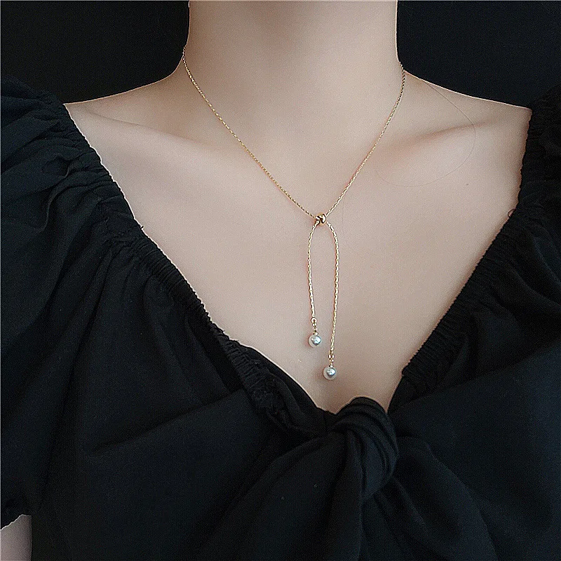 

Simple Temperament Pendant Pearl Necklace Female Clavicle Chain Cool Adjustable Hip Hop Jewelry Necklace
