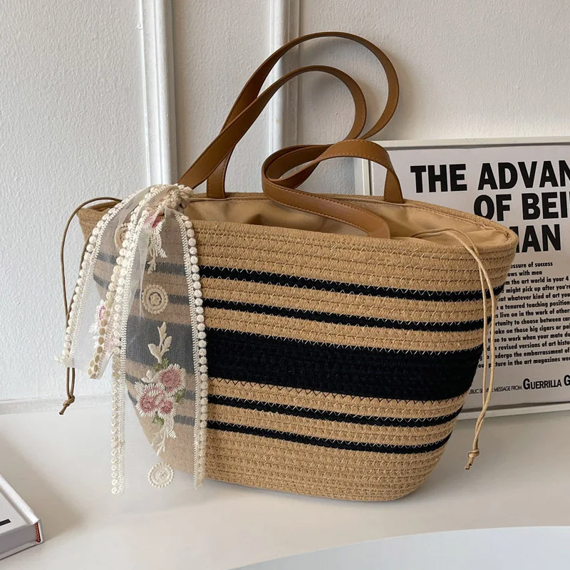 

Сумка-тоут женская плетеная, элегантный саквояж большой вместимости, модная пляжная шикарная сумочка на плечо, лето 2023