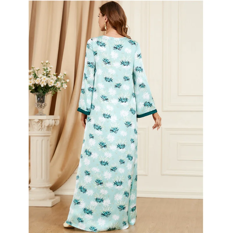 Ramadan Eid Fashion Modest Dress For Woman V-Neck Lace Tape Button Plant Print Muslim Dresses Long Sleeve Abaya Turkey New 2023