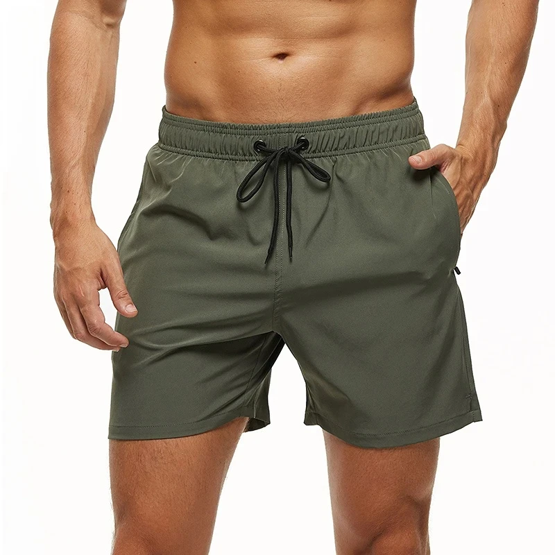 

Мужские однотонные эластичные плавки, быстросохнущие пляжные шорты с карманами на молнии и сетчатой подкладкой, спортивные шорты для мужчин