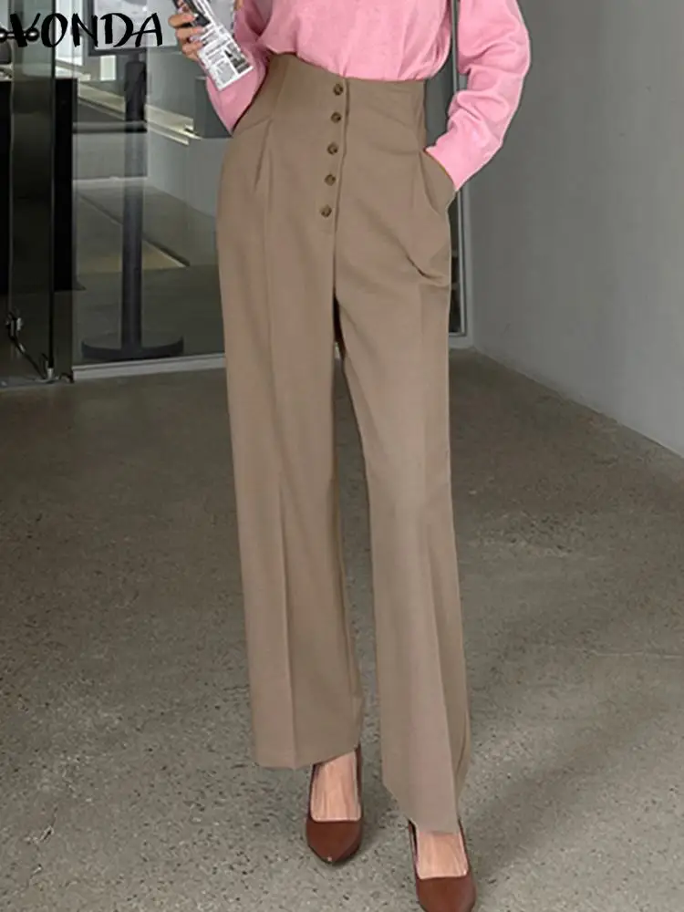 

2023 VONDA элегантные брюки женские длинные брюки с высокой талией Летние повседневные модные однотонные уличные брюки с карманами на пуговицах