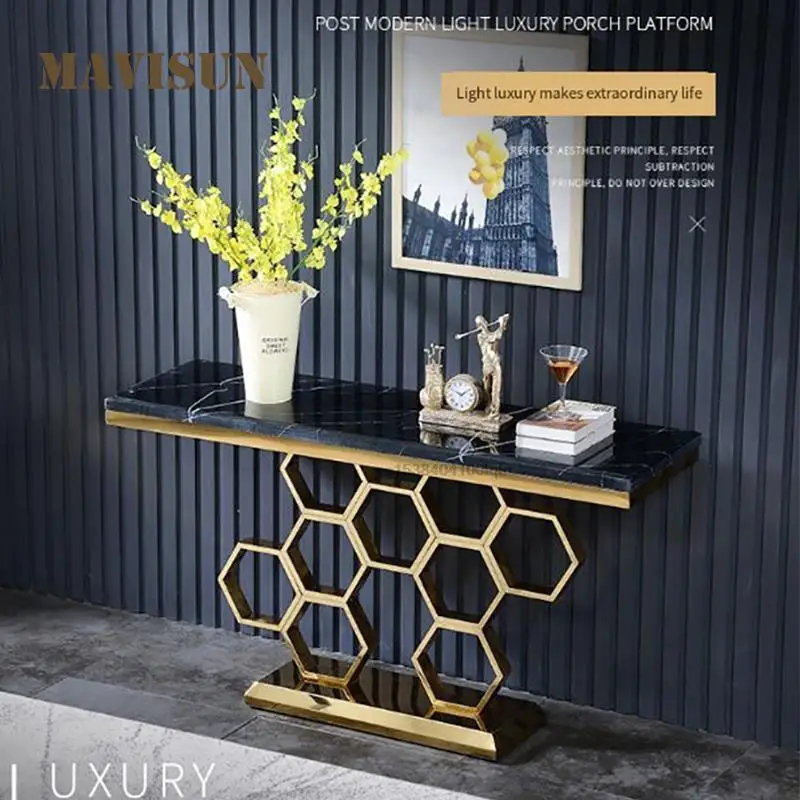 

Gold Console Table Nordic Light Luxury Natural Stone Porch Table Living Room Decoration Entrance Hallway Marble Side Cabinets