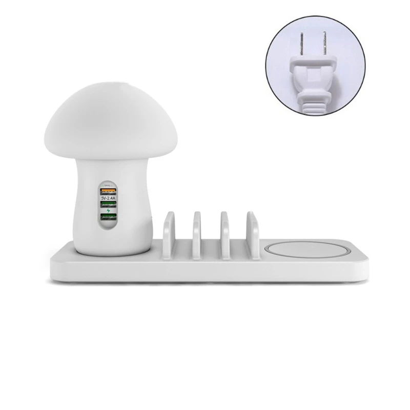 

3-Port USB Fast Charger Hub Desktop Charging Station for Phone Fast Wireless Charging Station Mushroom LED Lights