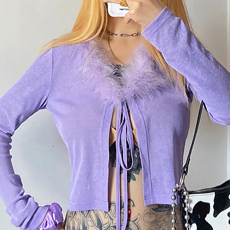 

2022 New Purple V Neck Long Sleeve Cropped Tshirt Women Feathers Lace Up Bow Bandage Sexy T-shirt Femme Black Shirt