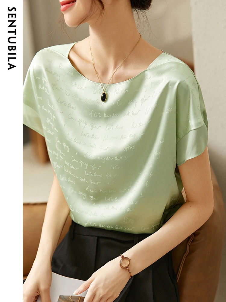 Шифоновые элегантные рубашки Sentubila для женщин, коллекция 2023 года, модные прямые блузки и рубашки с вырезом лодочкой и короткими рукавами, с надписью