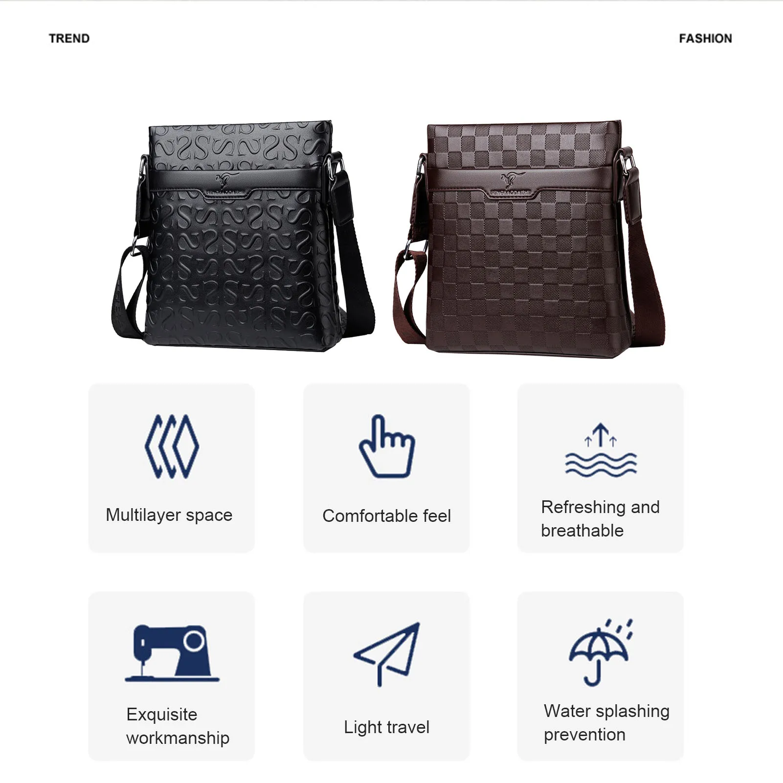 Leather Shoulder Bag With S/Plaid Pattern Large Capacity Waterproof Small Bag For Men Daily Use