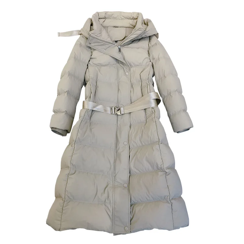 Winter 2022 New European long down jacket women's knee-length lace-up slim slim white eiderdown jacket with thick hat