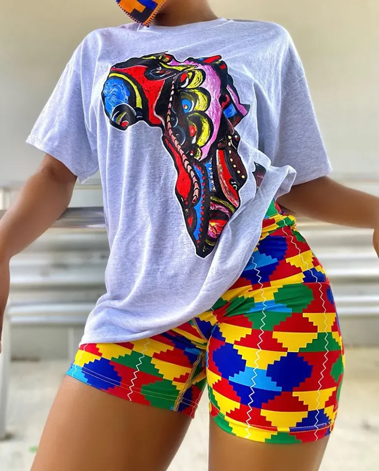 

2022 Summer Casual O-Neck Abstract Print Top & Allover Print Shorts Set Two Piece Sets Women's Outifit's Ladies Suit