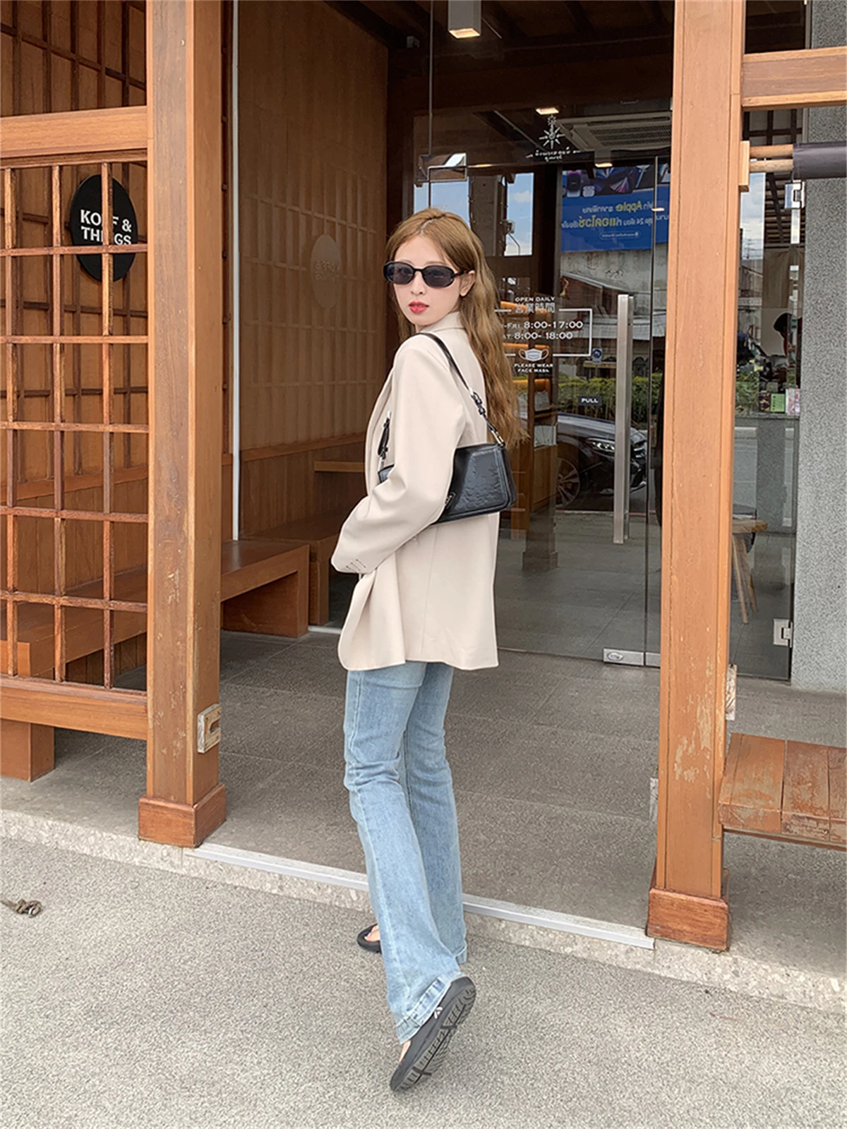 Double Breasted Shoulder Pad Suit Coat For Women's 2023 Spring New Long-Sleeved Korean Loose Temperament Top