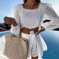 sexy beach party lace shorts outfits women square collar short sleeve crop tops and short pants suit two piece set for 2022