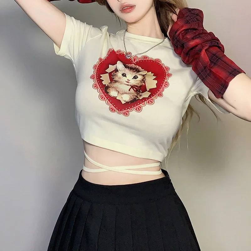 

Женский летний топ, новинка, Женская темпераментная Повседневная свежая Милая футболка с принтом кошки на талии, со шнуровкой на рукавах