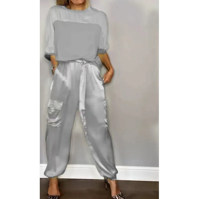 Новинка 2024 Модный женский Гладкий Атласный топ с рукавом до локтя и брюки костюм