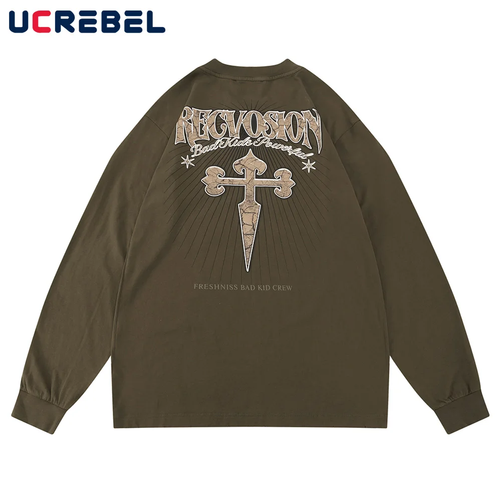 

Cross Print Long Sleeve T-shirt Mens High Street Loose Round Neck Cotton Tee Autumn Streetwear Letter Casual Top Men