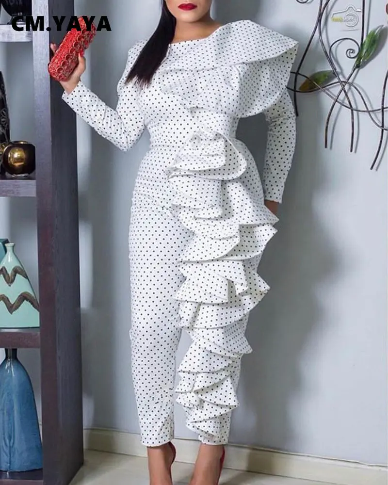 

CM.YAYA Elegant Dot Print Ruffles Women High Waist Straight Jumpsuit INS Sexy Club Party Long Sleeve One Piece Overall Rompers
