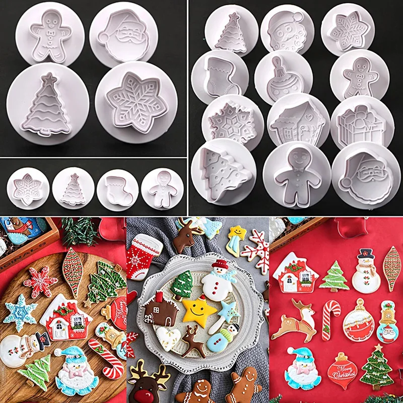 

4Pcs Christmas 3D Cookie Cake Plunger Cutter Baking Moulds Stamp Biscuit Xmas DIY Mold Fondant Chocolates Decorating Tools Stamp