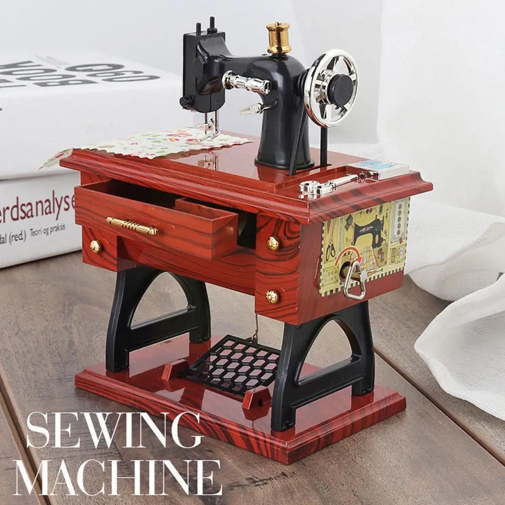 

Retro Mini Treadle Sewing Machine Music Box Vintage Mini Table Machine Sewing Kids Decoration Box Plastic Desk Style Gifts F6c0