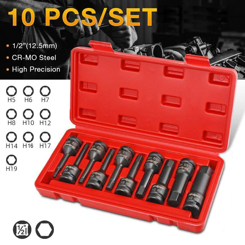 

8、10PCS 1/2” Pneumatic Wrench Hexagonal Drive Bits Kit Extended Air Wrench H5-H22 Allen Keys Screwdriver Bit Socket Wrench Tools