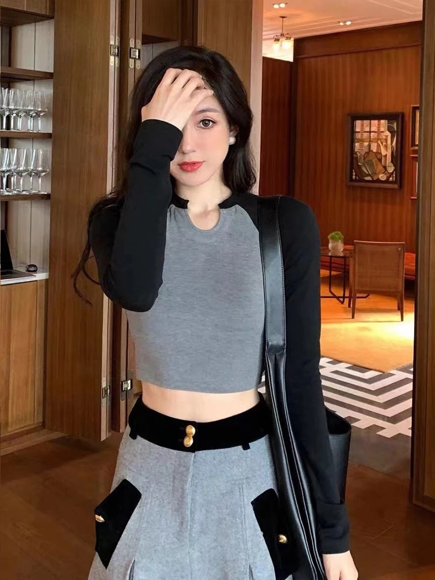 

Топ женский y2k, уличная одежда, модная весенняя короткая тонкая корейская мода, футболки с длинным рукавом, женская одежда, футболки, укороченный топ