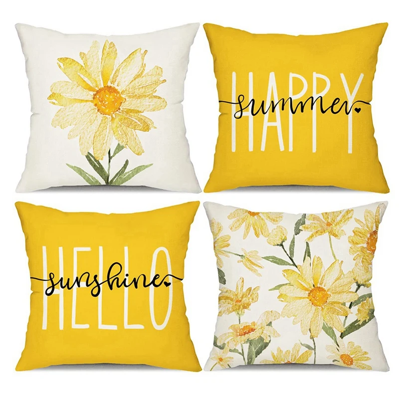 

New-Summer Pillow Covers 18X18 Set Of 4 Farmhouse Throw Pillows Summer Decorations Daisy Cushion Case For Couch Decor