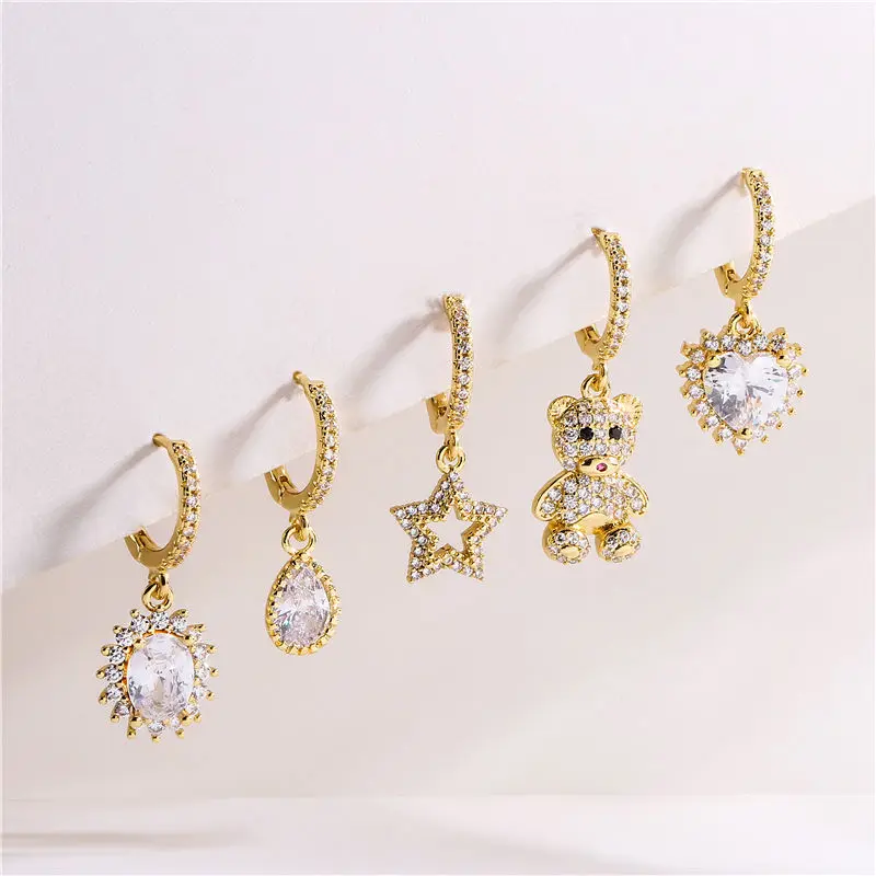 

HECHENG,Gold Color Huggies with Bear Heart Pendant Earring for Women Small Star Water Drop Hoop Earrings Charms Jewelry