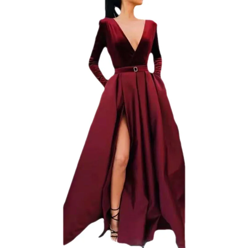 2022 Fall/Winter New Women's Fashion Temperament Elegant Sexy Dress Deep V Long Sleeve Dress Split and Slim Long Dress Lady