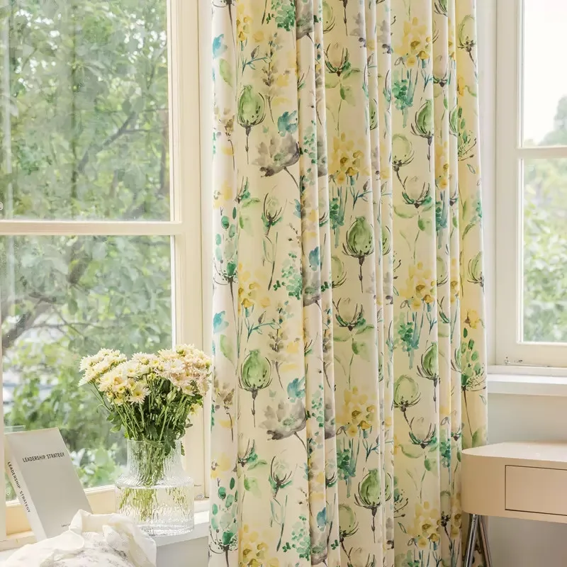 

American Pastoral Curtains For Living Room Idyllic Style Green Watercolor Ink Painting Drapes Sheer Tulle For Bedroom Balcony