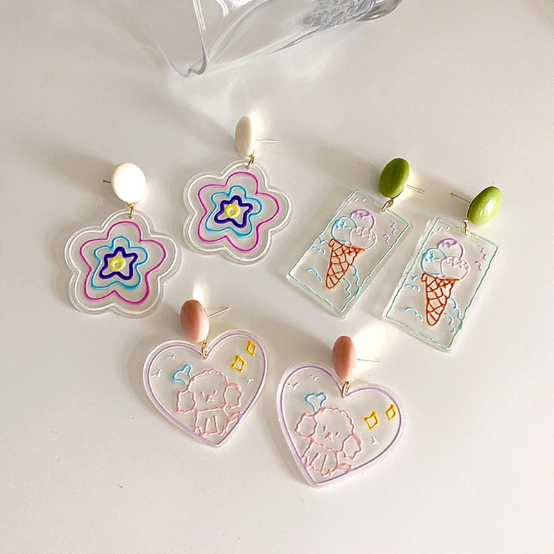 

XEDZ Trendy Transparent Rainbow Flower Heart-shape Ear Wired Accessories Jewelry Creative Ice cream Sunflower Earring Hooks Gift