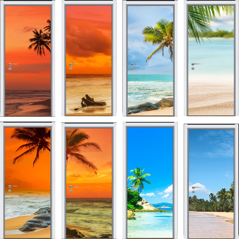 Тема заката момент пвх дверная наклейка кокосовое дерево песок домашнее