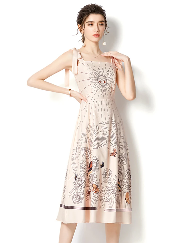 

Banulin 2022 модельное летнее женское платье без рукавов с бантом на тонких бретельках винтажное платье средней длины с принтом платья S1920