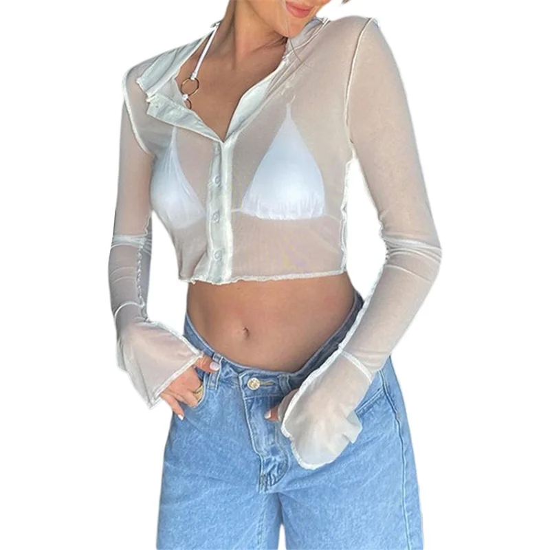 

Women\u2019s Button Down Lapel Shirts, Fashion Long Sleeve Solid Color Sheer Mesh Crop Tops